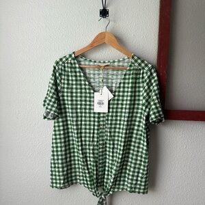 DownEast Green Gingham Tie-Front Button Down Top
